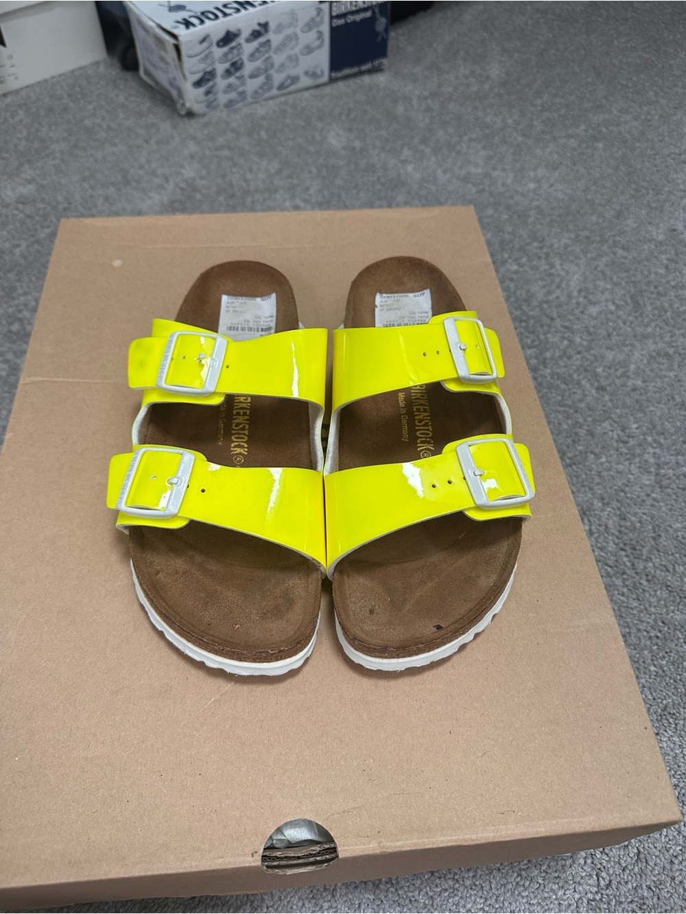 Birkenstock Arizona Patent Leather Neon Yellow Two-Strap Sandals